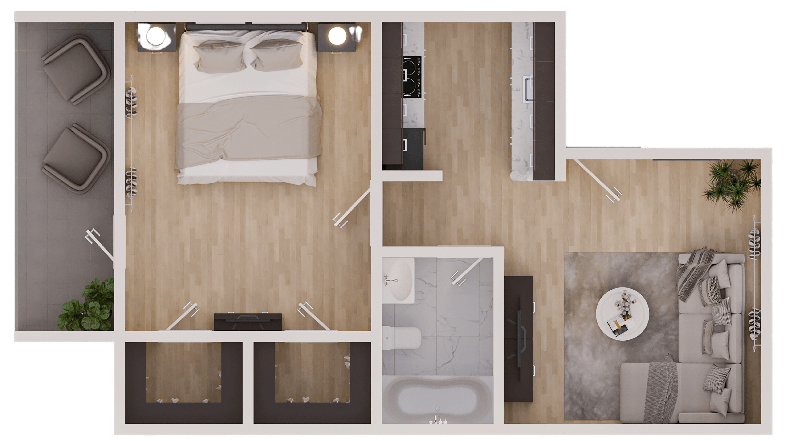 a floor plan of a bedroom with a bathroom and a bed